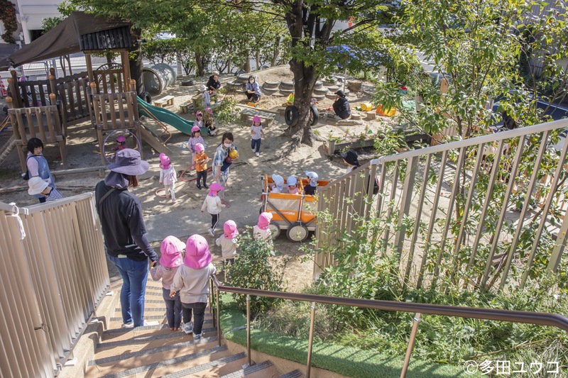 屋上庭園から地上園庭へと遊び場が広がる